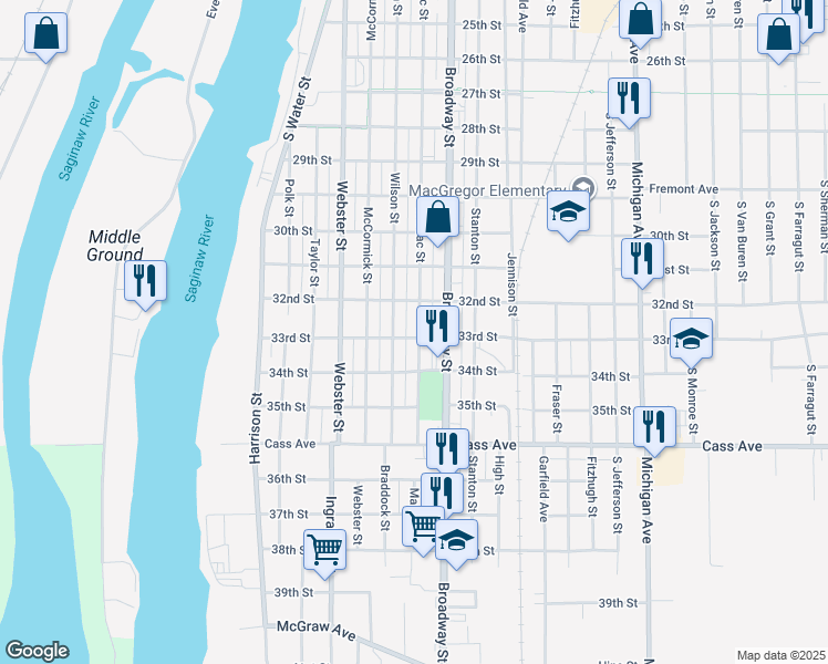 map of restaurants, bars, coffee shops, grocery stores, and more near 1420 Marsac Street in Bay City