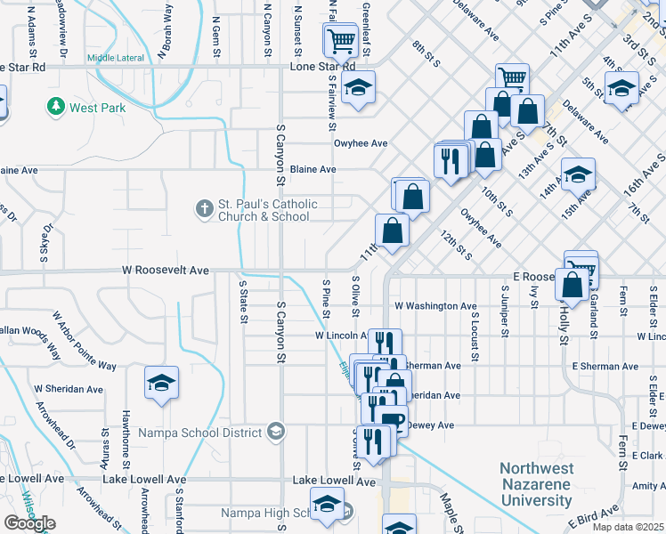 map of restaurants, bars, coffee shops, grocery stores, and more near 224 West Roosevelt Avenue in Nampa