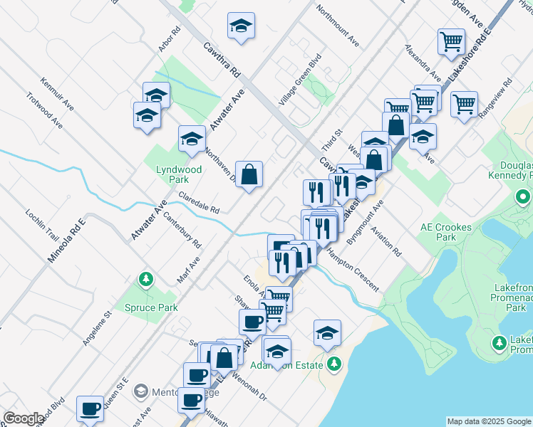 map of restaurants, bars, coffee shops, grocery stores, and more near 1204 Beachcomber Road in Mississauga