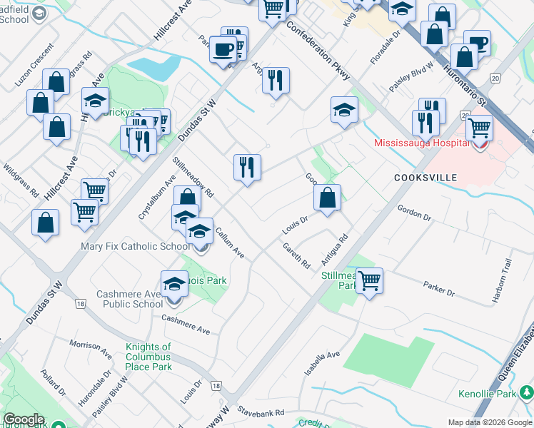 map of restaurants, bars, coffee shops, grocery stores, and more near 2421 Whaley Drive in Mississauga