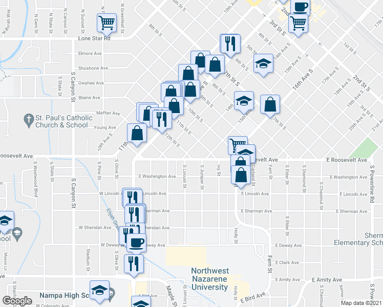 map of restaurants, bars, coffee shops, grocery stores, and more near 1124 14th Avenue South in Nampa