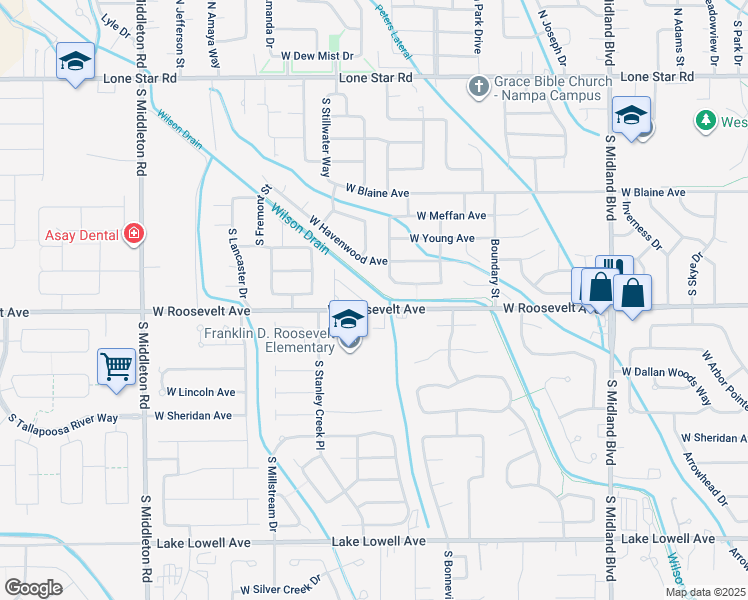 map of restaurants, bars, coffee shops, grocery stores, and more near 1720 West Roosevelt Avenue in Nampa