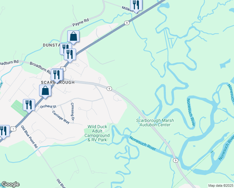 map of restaurants, bars, coffee shops, grocery stores, and more near 65 Marsh Winds Street in Scarborough