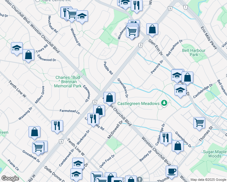 map of restaurants, bars, coffee shops, grocery stores, and more near in Mississauga