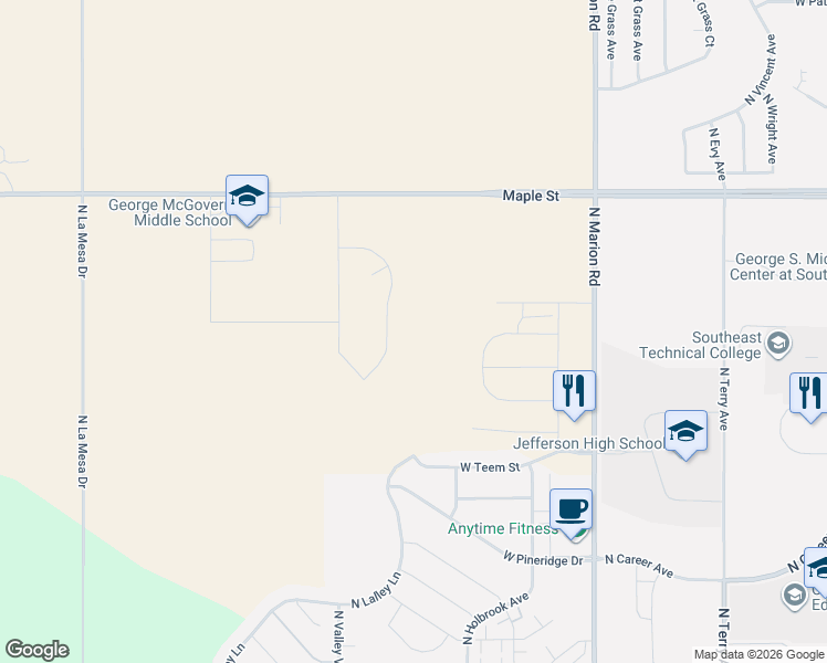 map of restaurants, bars, coffee shops, grocery stores, and more near 2301 North Marion Road in Sioux Falls