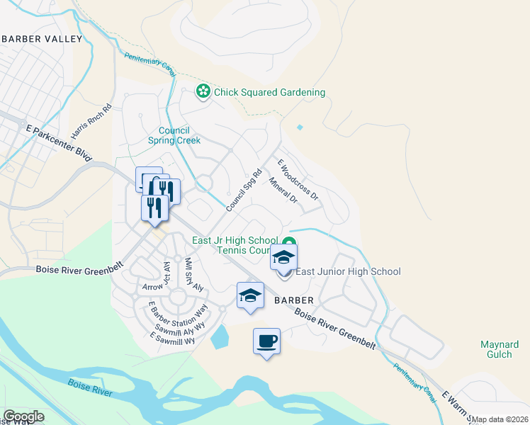 map of restaurants, bars, coffee shops, grocery stores, and more near 3542 Kingsland Way in Boise