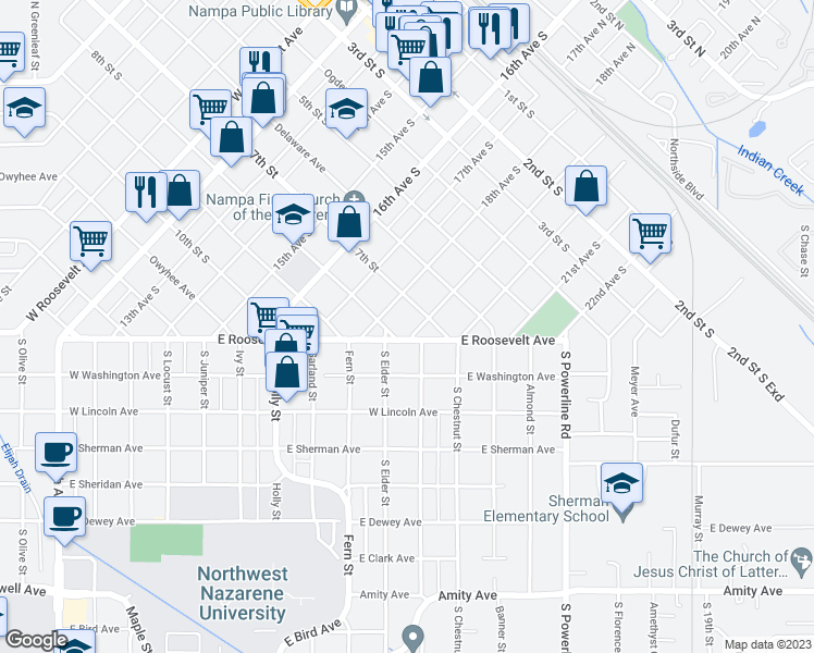 map of restaurants, bars, coffee shops, grocery stores, and more near 715 19th Avenue South in Nampa