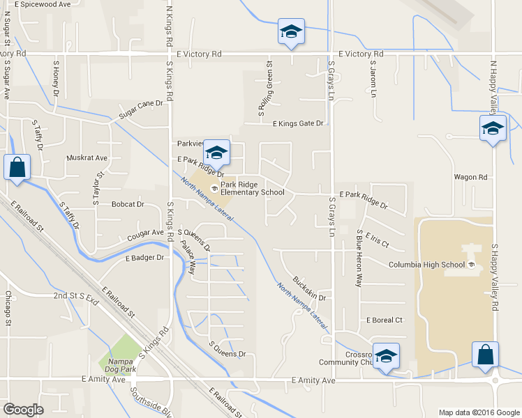 map of restaurants, bars, coffee shops, grocery stores, and more near 95 South Rolling Green Street in Nampa