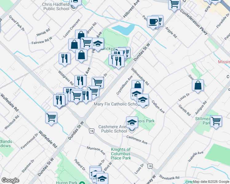 map of restaurants, bars, coffee shops, grocery stores, and more near 2636 Crystalburn Avenue in Mississauga