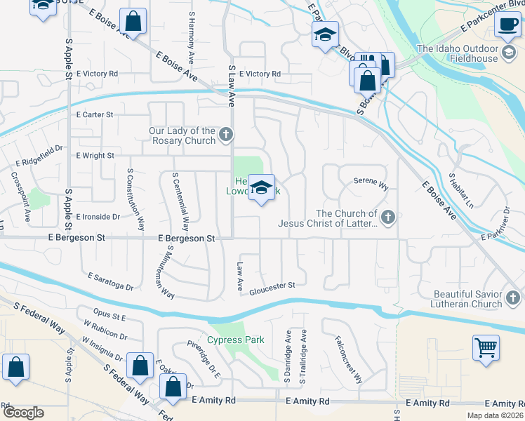 map of restaurants, bars, coffee shops, grocery stores, and more near 1740 East Bergeson Street in Boise