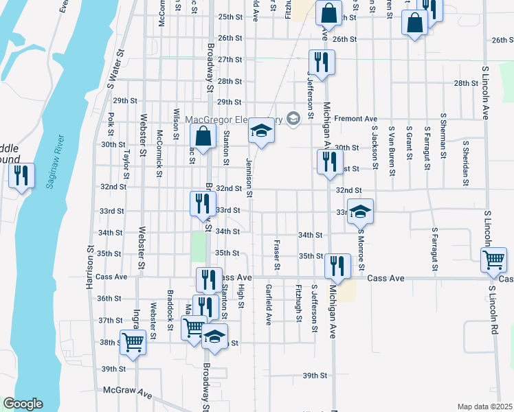 map of restaurants, bars, coffee shops, grocery stores, and more near 1025 33rd Street in Bay City