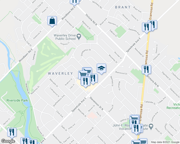 map of restaurants, bars, coffee shops, grocery stores, and more near 55 Knightswood Boulevard in Guelph
