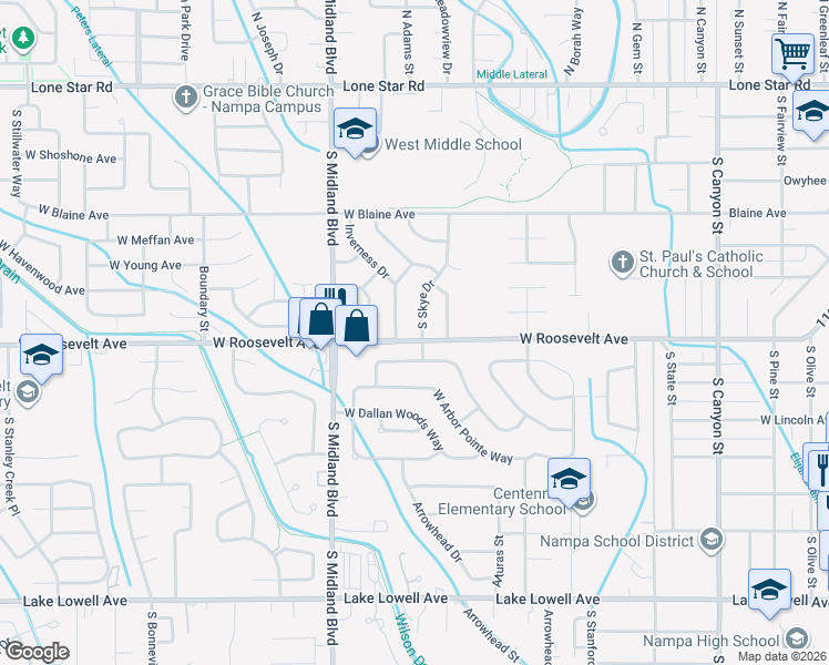 map of restaurants, bars, coffee shops, grocery stores, and more near 97 South Skye Drive in Nampa