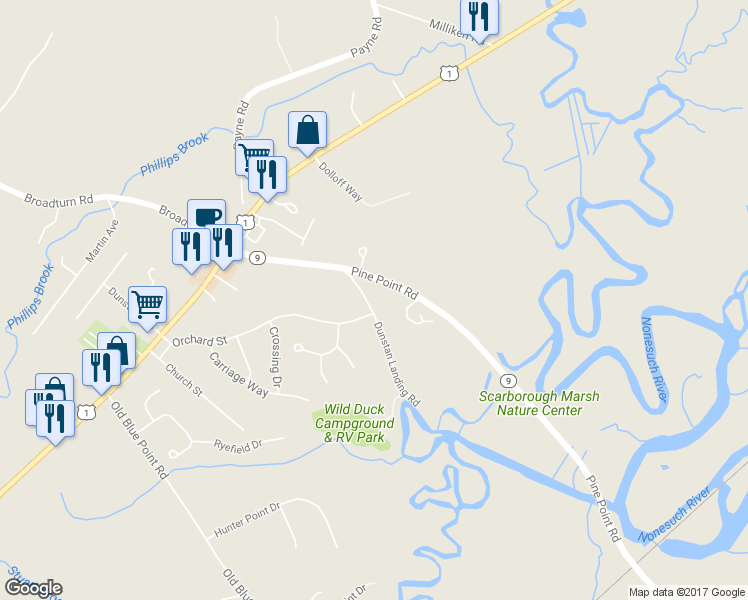 map of restaurants, bars, coffee shops, grocery stores, and more near 12 Dunstan Landing Road in Scarborough
