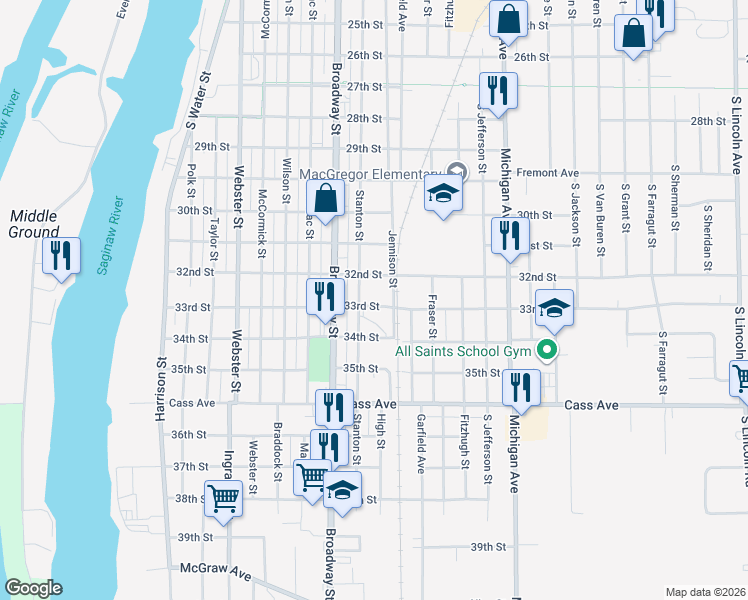 map of restaurants, bars, coffee shops, grocery stores, and more near 1011 33rd Street in Bay City