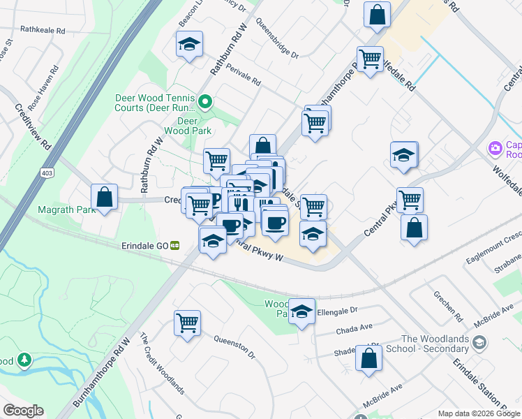 map of restaurants, bars, coffee shops, grocery stores, and more near 1140 Burnhamthorpe Road West in Mississauga