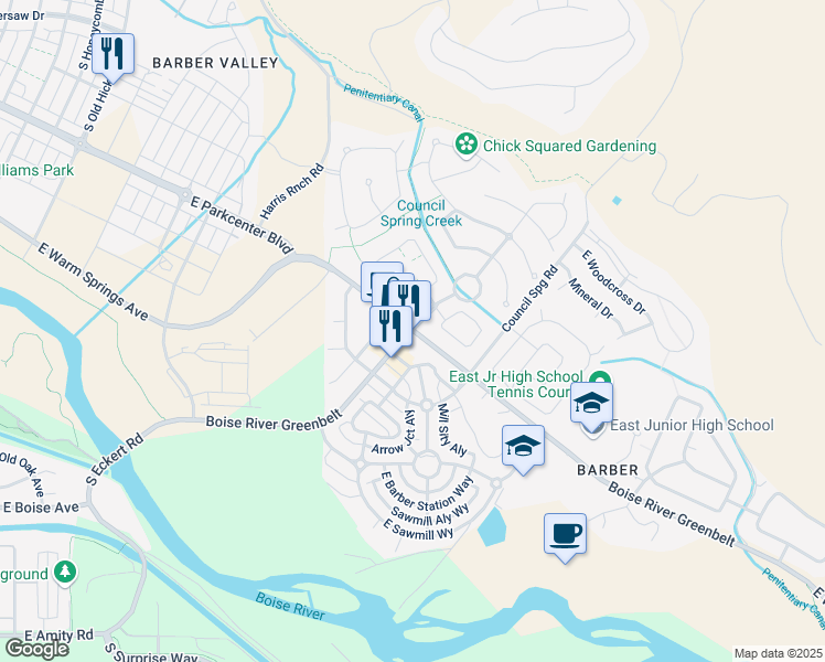 map of restaurants, bars, coffee shops, grocery stores, and more near 3800 South Eckert Road in Boise