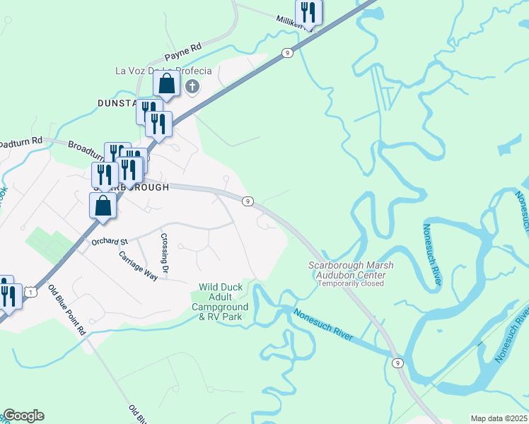 map of restaurants, bars, coffee shops, grocery stores, and more near 65 Marsh Winds Street in Scarborough
