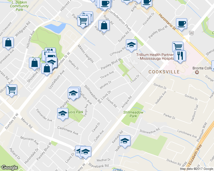map of restaurants, bars, coffee shops, grocery stores, and more near 2400 Whaley Drive in Mississauga
