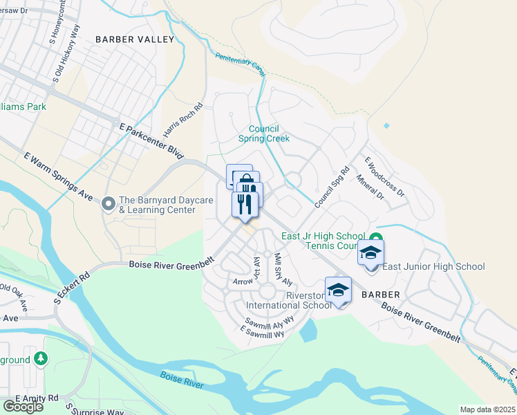 map of restaurants, bars, coffee shops, grocery stores, and more near 3800 South Eckert Road in Boise