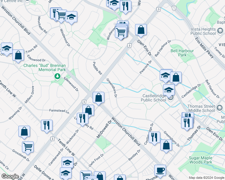 map of restaurants, bars, coffee shops, grocery stores, and more near 5962 Greensboro Drive in Mississauga