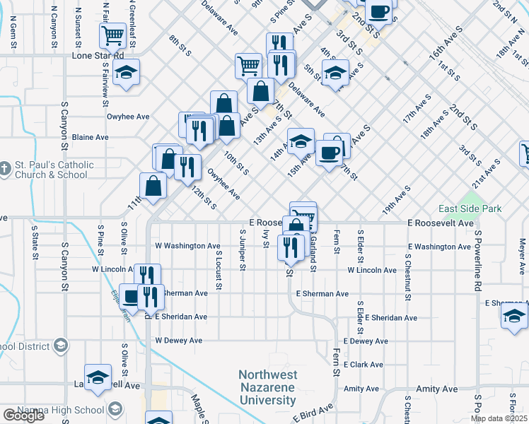 map of restaurants, bars, coffee shops, grocery stores, and more near 516 East Roosevelt Avenue in Nampa