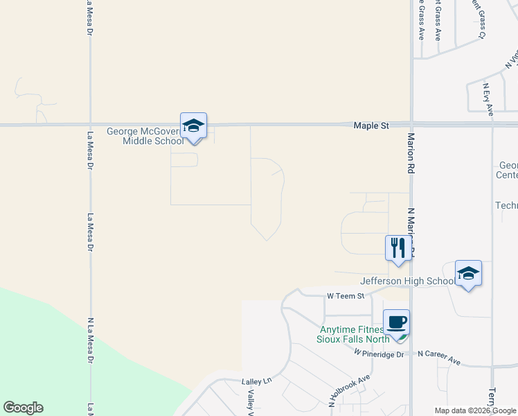 map of restaurants, bars, coffee shops, grocery stores, and more near 2301 North Valley View Road in Sioux Falls