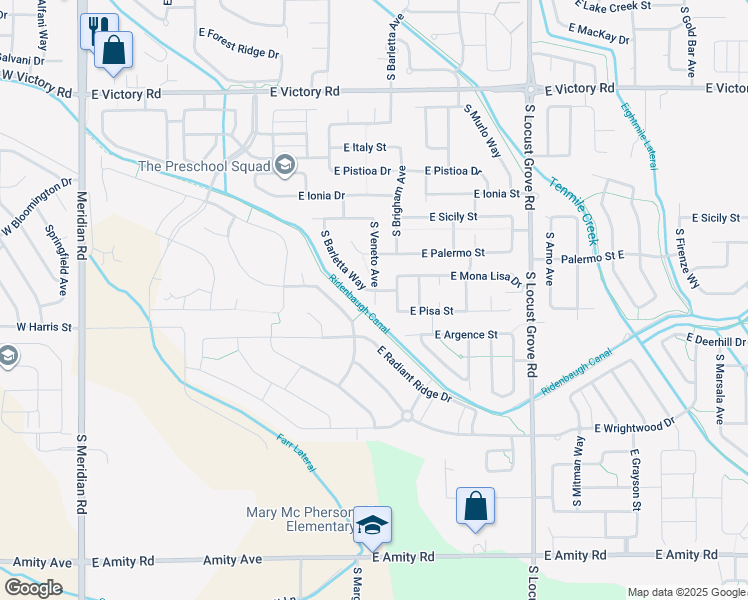 map of restaurants, bars, coffee shops, grocery stores, and more near 3948 South Shimmering Way in Meridian