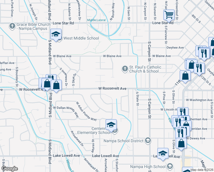 map of restaurants, bars, coffee shops, grocery stores, and more near 636 West Roosevelt Avenue in Nampa