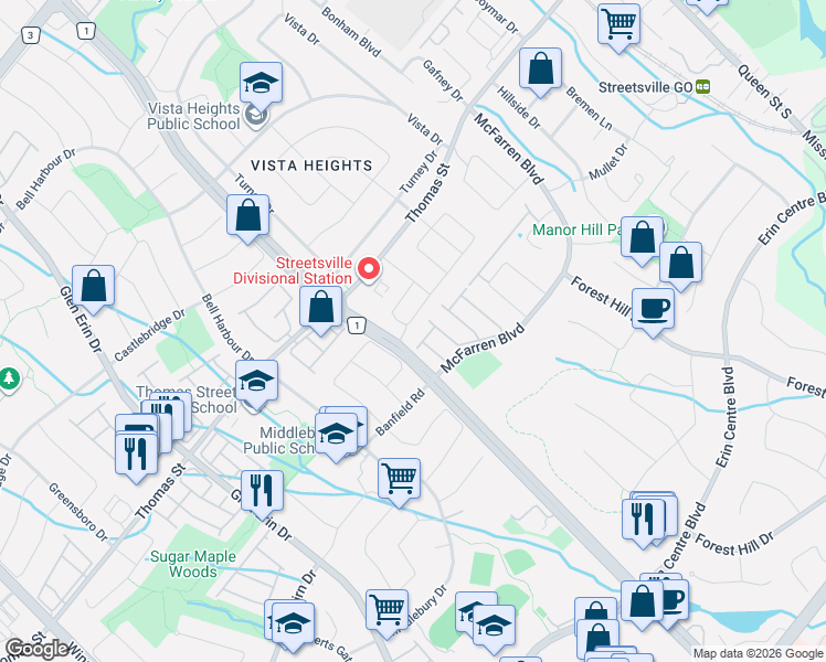 map of restaurants, bars, coffee shops, grocery stores, and more near 2415 Bankside Drive in Mississauga