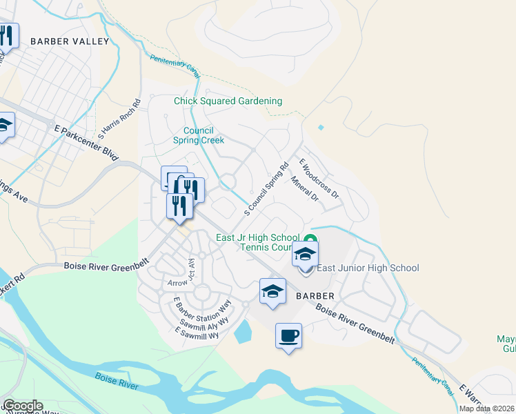 map of restaurants, bars, coffee shops, grocery stores, and more near 5374 Newcastle Drive in Boise