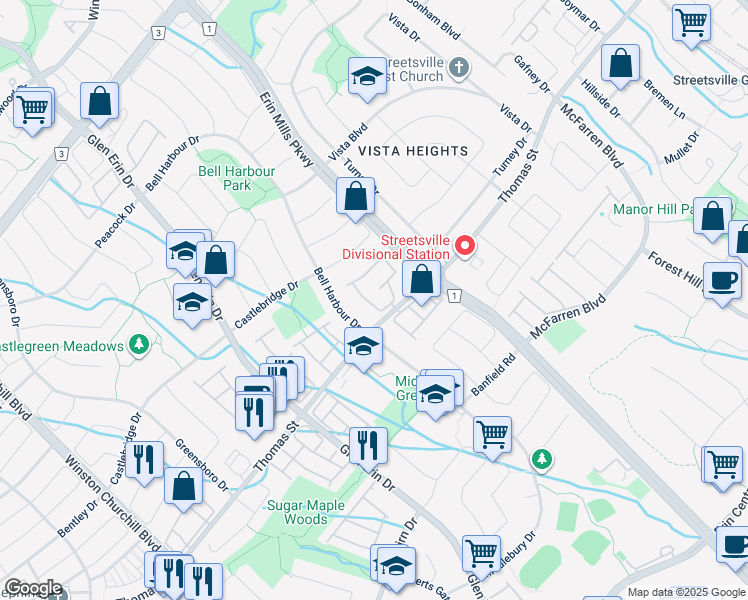 map of restaurants, bars, coffee shops, grocery stores, and more near 2555 Thomas Street in Mississauga
