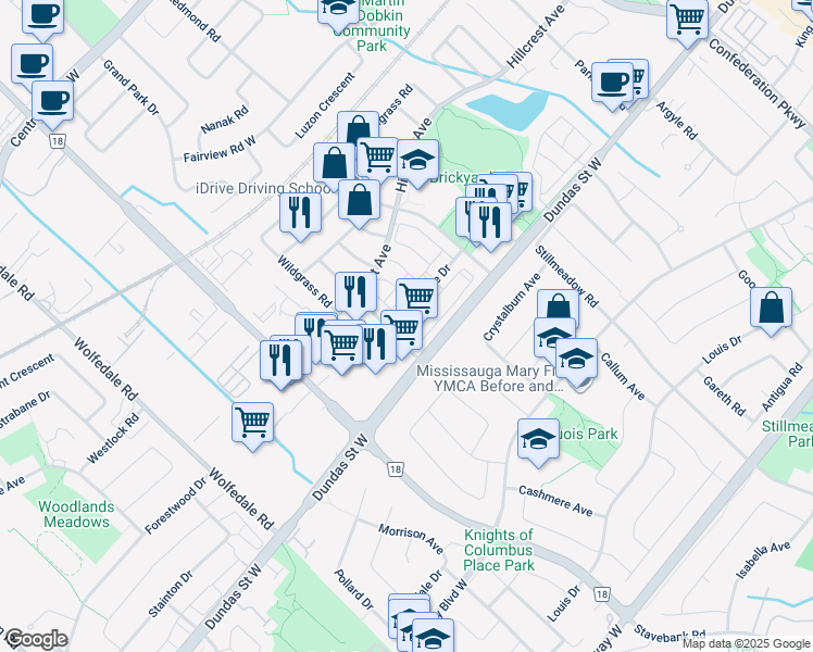 map of restaurants, bars, coffee shops, grocery stores, and more near 642 Shoreline Drive in Mississauga
