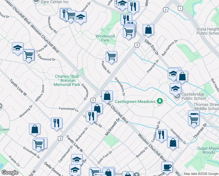 map of restaurants, bars, coffee shops, grocery stores, and more near 5958 Greensboro Drive in Mississauga