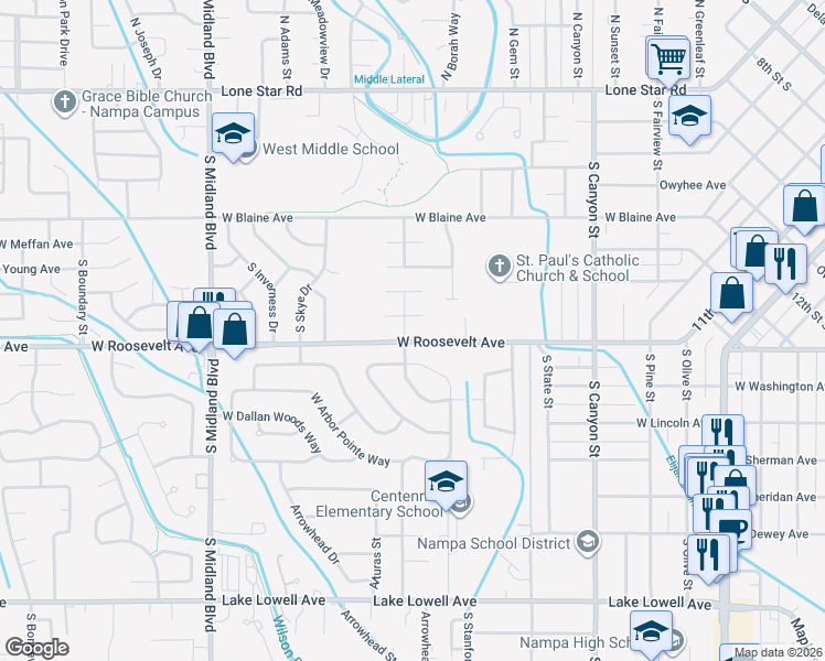 map of restaurants, bars, coffee shops, grocery stores, and more near 636 West Roosevelt Avenue in Nampa