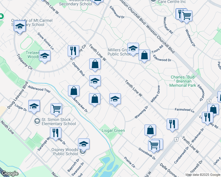 map of restaurants, bars, coffee shops, grocery stores, and more near 6343 Longspur Road in Mississauga