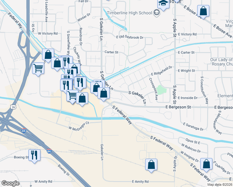 map of restaurants, bars, coffee shops, grocery stores, and more near 3725 South Gekeler Lane in Boise