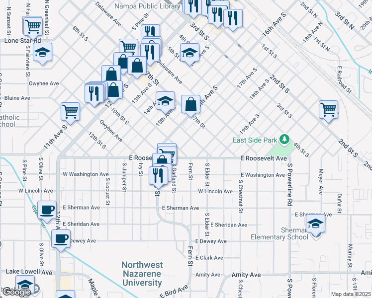 map of restaurants, bars, coffee shops, grocery stores, and more near 824 17th Avenue South in Nampa