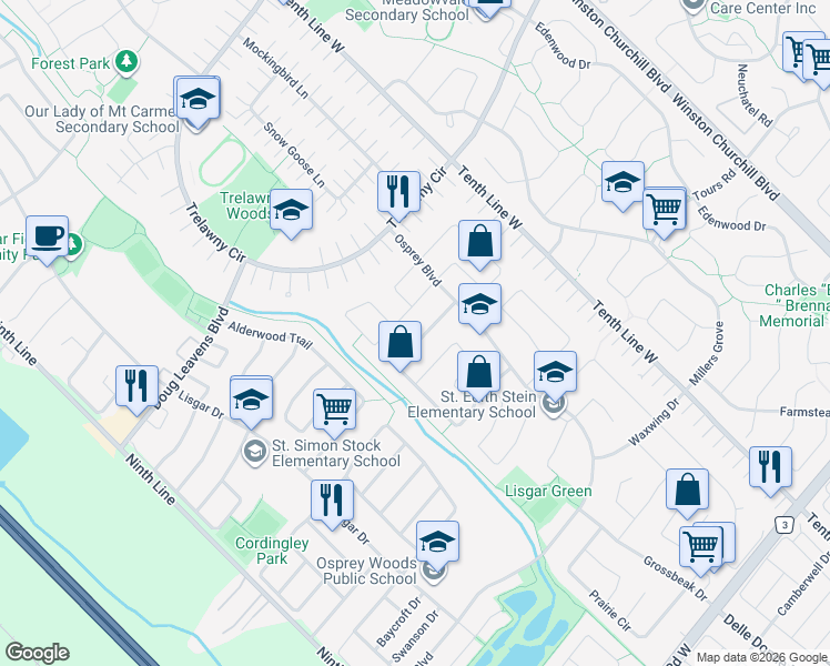 map of restaurants, bars, coffee shops, grocery stores, and more near 3365 Nutcracker Drive in Mississauga