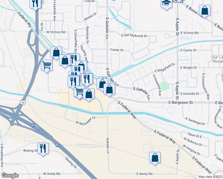 map of restaurants, bars, coffee shops, grocery stores, and more near 3687 South Gekeler Lane in Boise