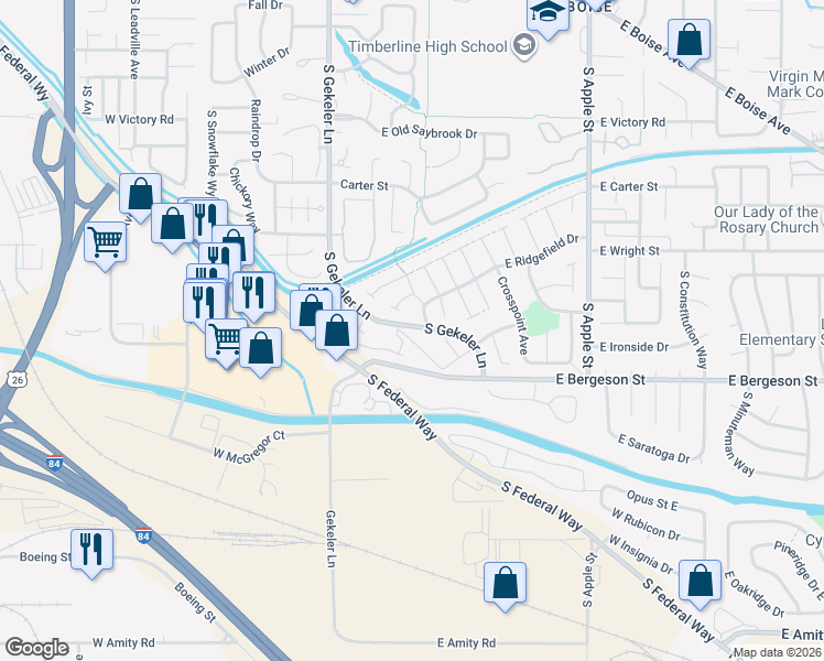 map of restaurants, bars, coffee shops, grocery stores, and more near 3725 South Gekeler Lane in Boise