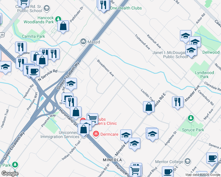 map of restaurants, bars, coffee shops, grocery stores, and more near 164 Maplewood Road in Mississauga