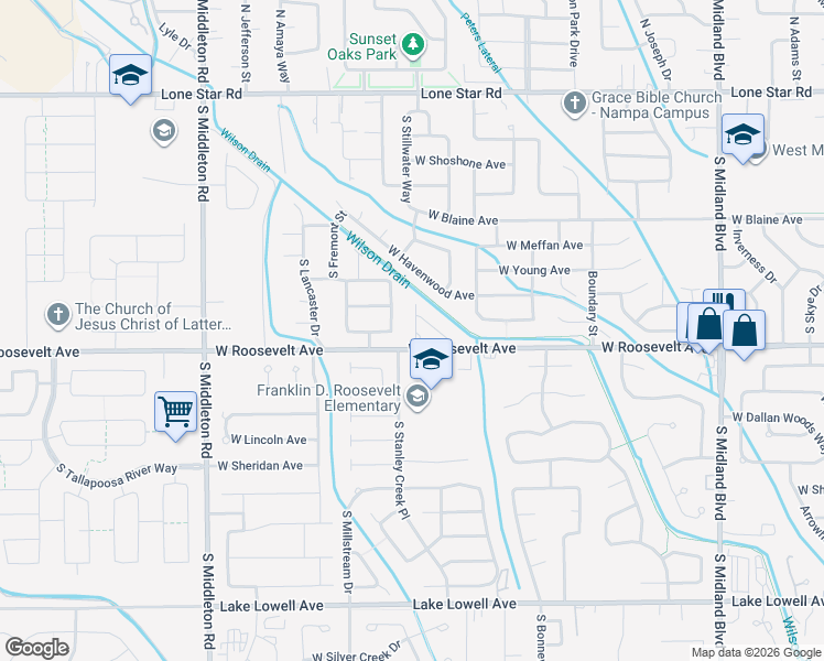 map of restaurants, bars, coffee shops, grocery stores, and more near 94 South Bancroft Way in Nampa