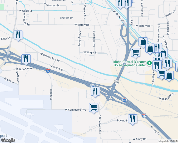 map of restaurants, bars, coffee shops, grocery stores, and more near 1508 Sunrise Rim Road in Boise