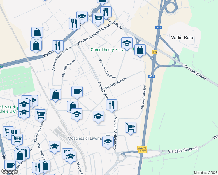 map of restaurants, bars, coffee shops, grocery stores, and more near Via dei Cordai in Livorno