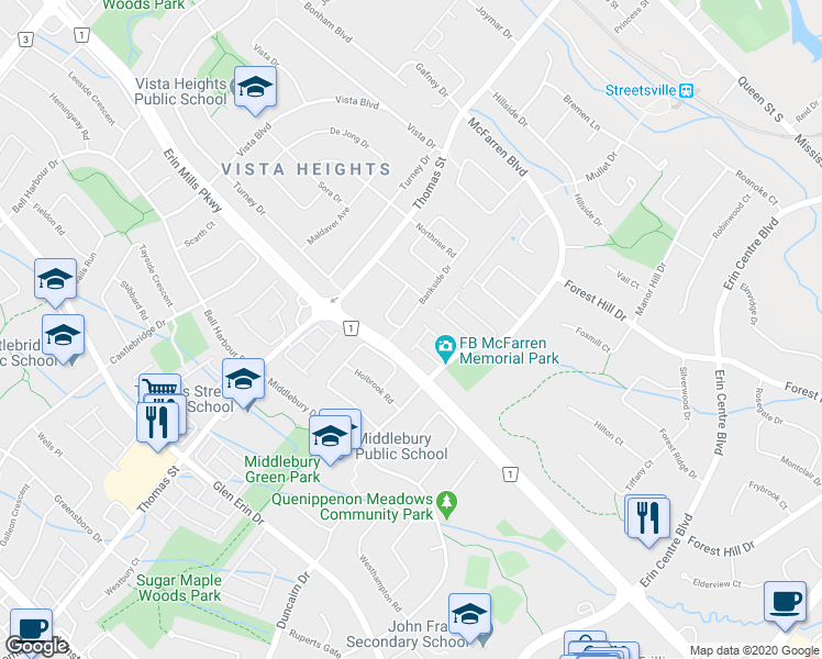 map of restaurants, bars, coffee shops, grocery stores, and more near 2409 Bankside Drive in Mississauga