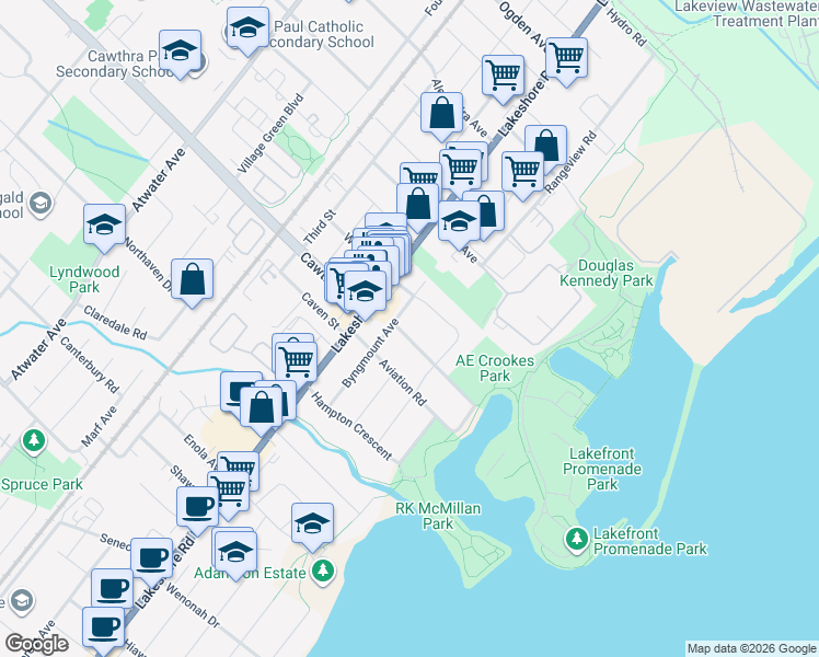 map of restaurants, bars, coffee shops, grocery stores, and more near in Mississauga