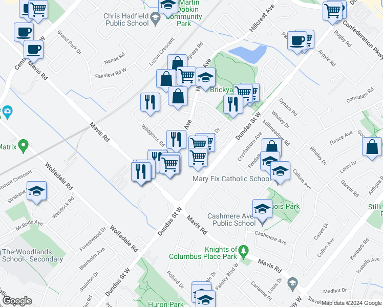 map of restaurants, bars, coffee shops, grocery stores, and more near 9 Elmcreek Road in Mississauga