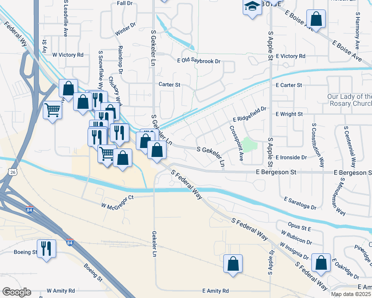 map of restaurants, bars, coffee shops, grocery stores, and more near 3725 South Gekeler Lane in Boise