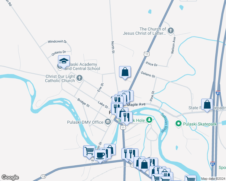 map of restaurants, bars, coffee shops, grocery stores, and more near 11 North Street in Pulaski